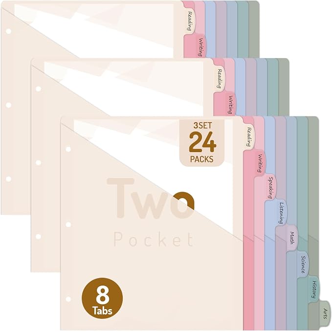 Forvencer 24 Counts Dividers with 2 Pockets, 8 Tabs Binder Dividers for 3 Ring Binder, Binder Dividers with Tabs for School Office Organization, Multicolor, Letter Size, 3 Sets