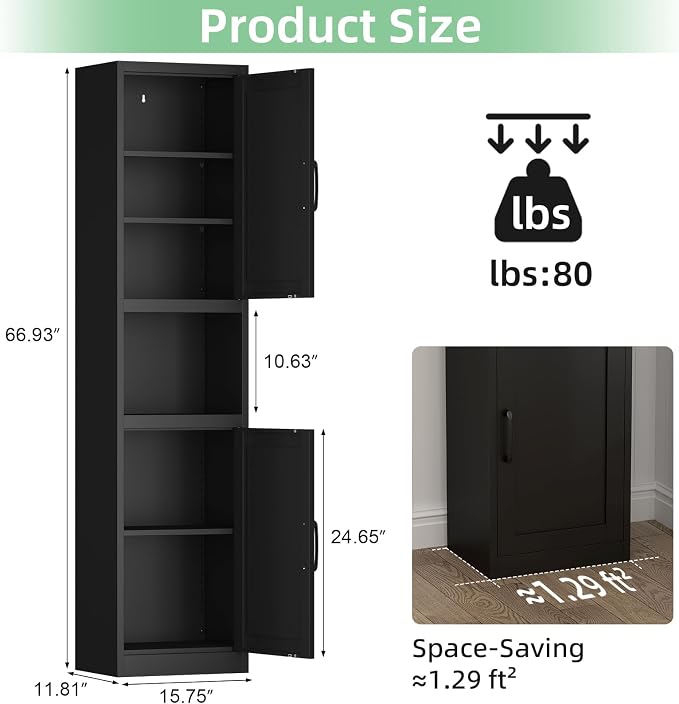 Bathroom Storage Cabinet, 67" H Tall Bathroom Storage with Shelves and Doors, Narrow Bathroom Storage Cabinet for Home, Metal Slim Storage Cabinet, Black