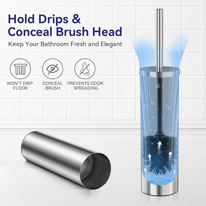 DOWRY Stainless Steel Toilet Bowl Brush and Holder for Bathroom, Deep Cleaning Toilet Brush and Holder Set with Long Handle, Hidden Toilet Bowl Brush with 2 Heads,Modern Decor Nickel Round 2PCS