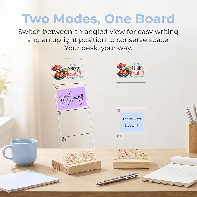 Sticky Note Holder, Monitor Memo Board, Acrylic Post It Note Holder with Wooden Base, Includes 200 Notes, Desk Organizer, Funny Rooster Quote “in My Defense I was Left Unsupervised”