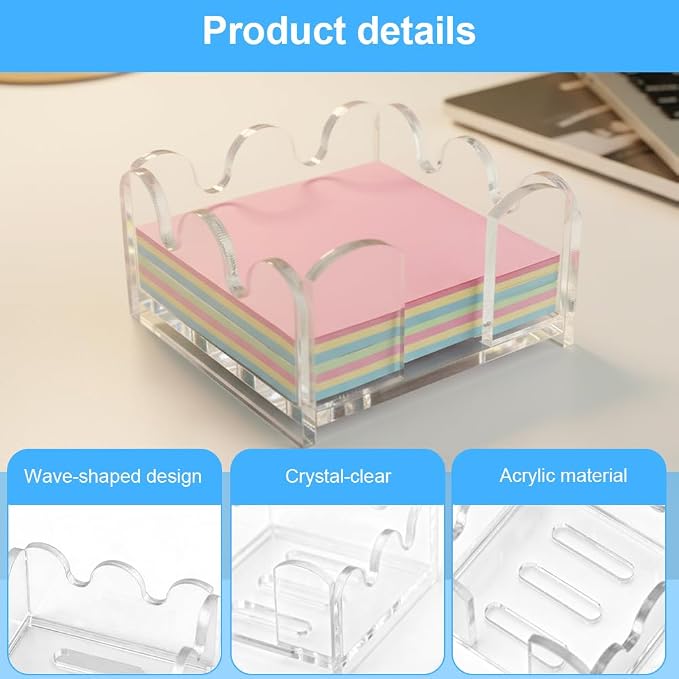 Scalloped Acrylic Sticky Note Holder, 3"x3" Crystal Clear Cute Notepad Holder Sticky Note Dispenser with Wave-Design, Thick Desk Organizer for Office, Home, Dorm, Classroom Desk