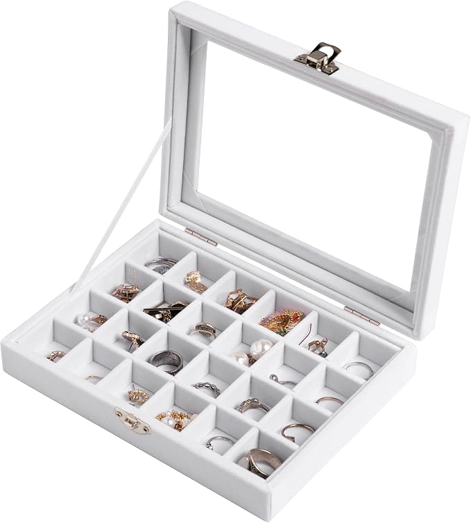 Frebeauty 24 Grid Earring Organizer,Small Velvet Jewelry Tray with Lid | Portable Jewelry Box for Rings Stud,Velvet Lining for Protecting Jewelry,Adjustable Dividers,Glass Lid for Clear Review