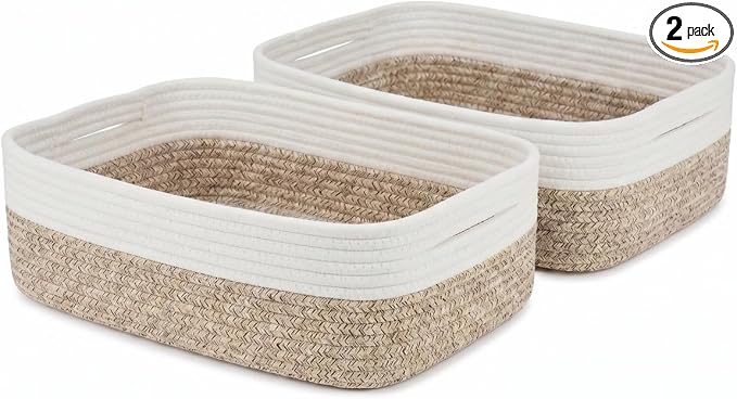 Shallow Basket, 15"x11"x5.1", Baskets for Organizing 2 Pack | Woven Baskets for Storage, Rope Basket for Shelves, Closet, Living Room, Nursery, Bedroom, Gift Basket,Storage Bins