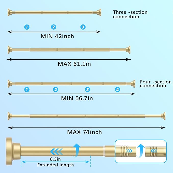 AIZESI Gold Shower Curtain Rod, Adjustable 42-74 Inch Shower Rod, 1" Diameter Tension Shower Curtain Rod No Drilling, Anti-Slip, Anti-Rust