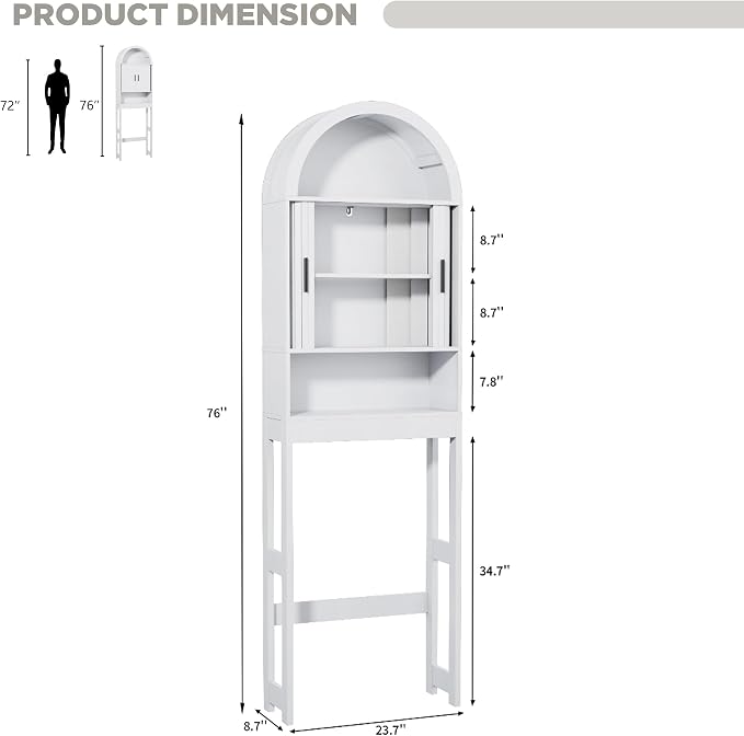 Arched Over The Toilet Storage Cabinet, White Freestanding Bathroom Organizer with Sliding Door, Adjustable Shelf & Anti-Tip Device for Bathroom, Laundry
