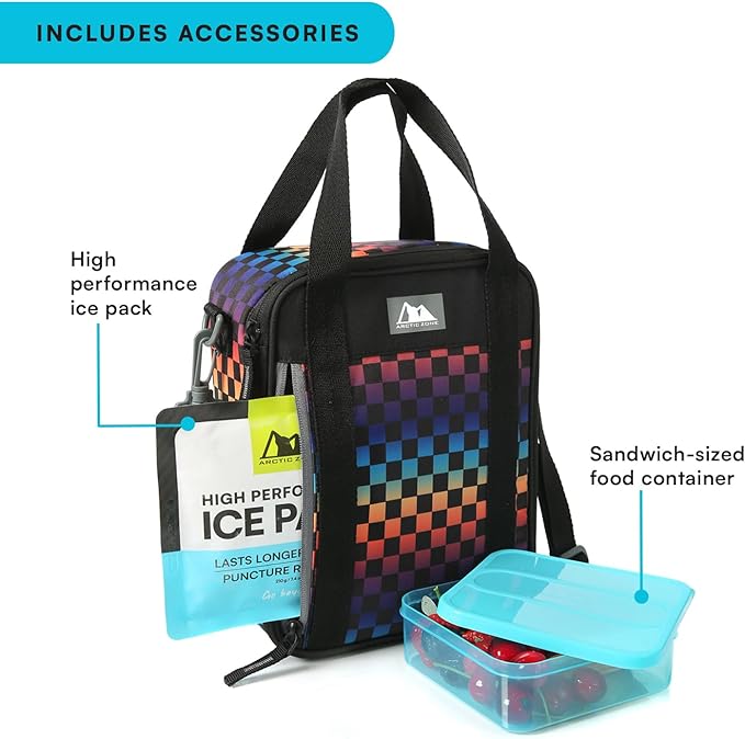 Arctic Zone Urban Lunch Box Combo for Kids with Gel Ice Pack and Sandwich Container, Insulated Bag for Travel Lunch with Adjustable Strap, Checkered