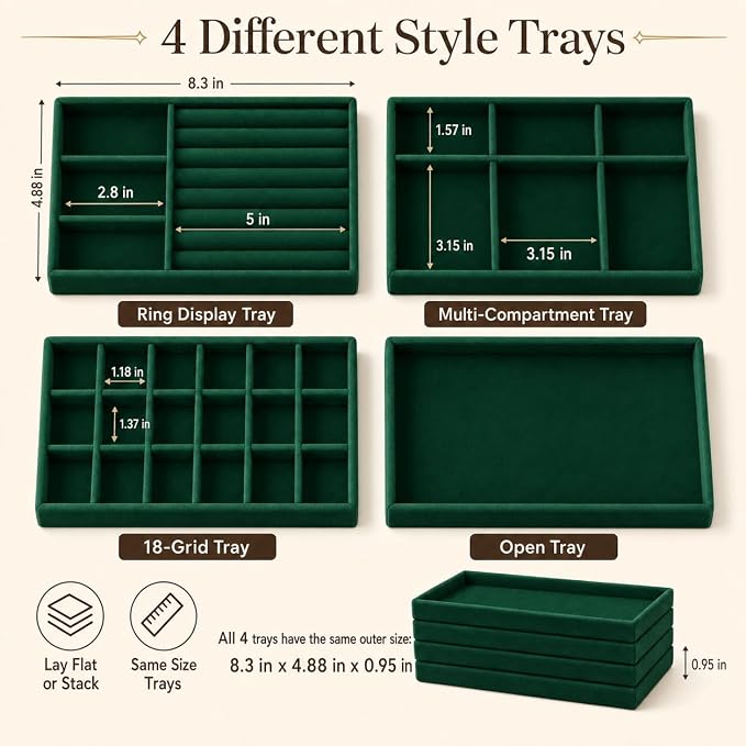 4 Pack Stackable Jewelry Organizer Tray Set - Velvet Display Case | for Rings Earrings Necklaces, for Drawer Organization, Can Stacked