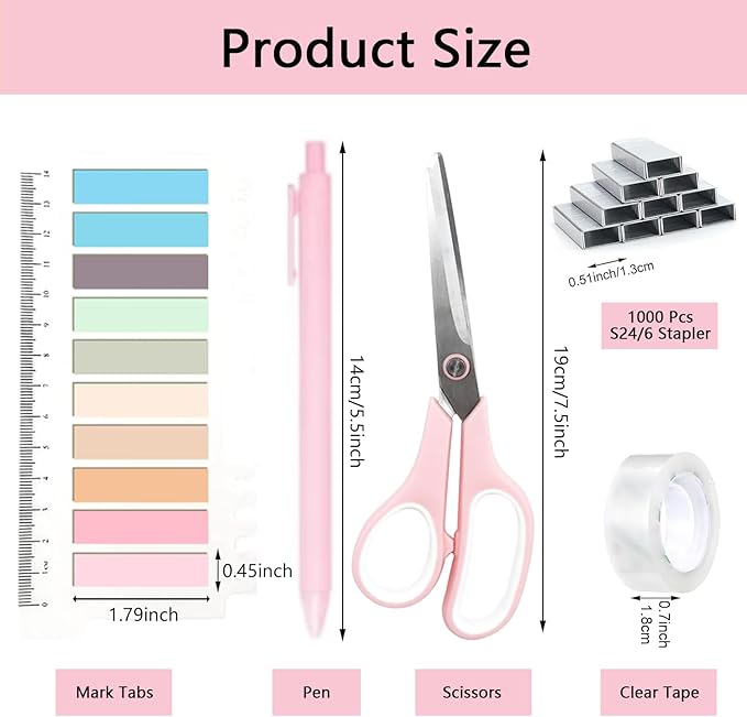 suniya Office Supplies,Desk Accessories,Tape Holder,Stapler,Scissor,Staple Remover,Box of Binder Clips,Staples,Ballpoint Pen,Lndex Tabs,Clear Tape,Office Supplies Set(Pink)