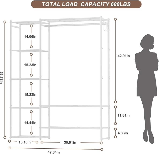 Neprock Clothing Racks for Hanging Clothes with Shelves, Portable Closet System Organizer Garment Rack for Clothes Storage, Metal Free Standing Wardrobe Clothes Organizer(White)