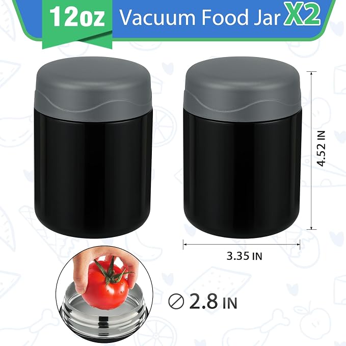 wiwens 12oz 2 Pack Insulated Food Jar Set for Kids Soup Thermo Hot Food Lunch Container Wide Mouth Leak Proof Stainless Steel Vacuum Bento Box for School Office Travel Outdoors