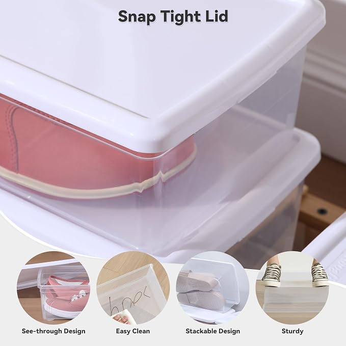 novelinks 12 Pack 6QT Plastic Storage Bins with Lids, Shoe Boxes (White) | Clear Shoe Storage Boxes, Shoe Boxes Clear Plastic Stackable, Shoe Bins, Shoe Containers, Craft Organizers and Storage