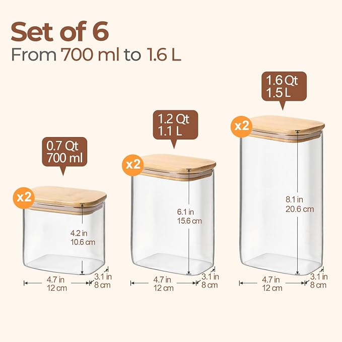 ComSaf Glass Pantry Storage Containers (0.7qt/1.2qt/1.6qt) Set of 6 Jars | Rectangle Glass Storage Containers With Lids, Glass Canisters With Airtight Lids For Kitchen, Spices, Tea, Coffee, BPA Free
