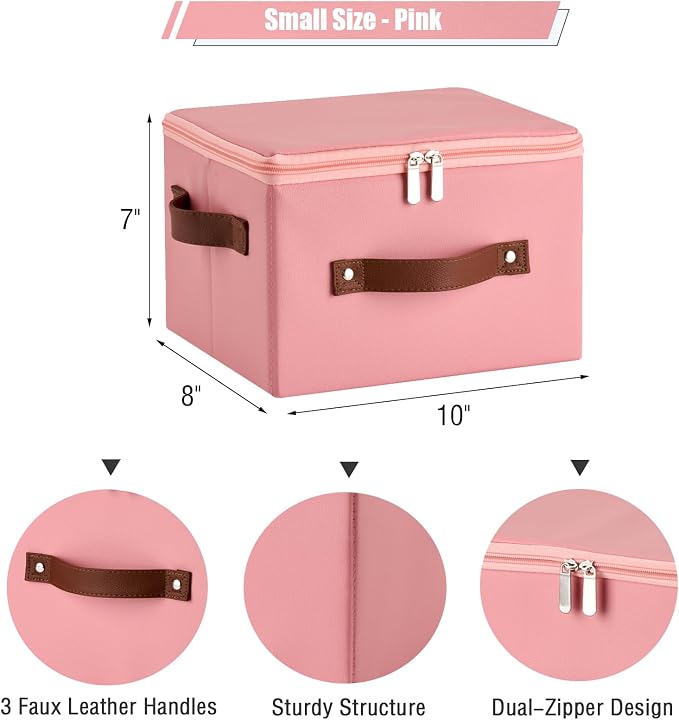 Storage Bins with Zipper Lid PU leather Storage Boxes Leather Fabric Collapsible Lidded Baskets Cube with Handle Decorative Shelves Closet Office Organizer Container(Pink, Small Size)