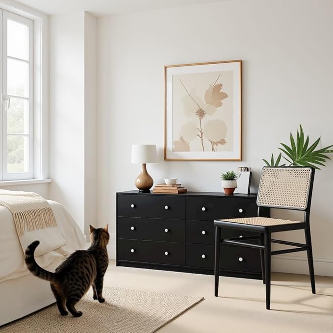 Furnifact Black Dresser for Bedroom – Modern 6 Drawer Dresser with Spacious Storage for Clothes and Essentials
