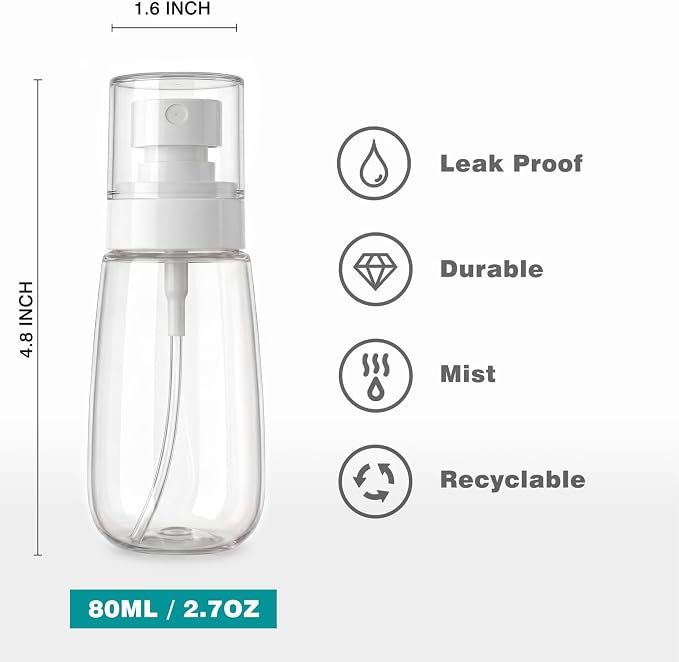 3Pack Small Spray Bottles, 2.7oz Refillable Plastic Travel Bottles, Empty Portable Fine Mist Spray Containers for Perfume, Cosmetic, Skincare, Toiletry Daily Use(Clear+Green+Pink)