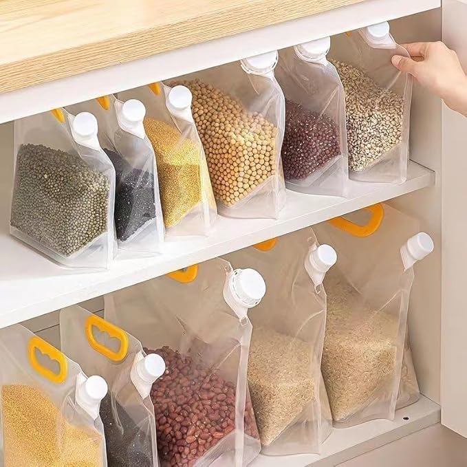 6pcsFood Storage Bags, Grain Moisture-proof Sealed Bag,Stand Up Food Bags Large Reusable Sealed Bag with Handle and Cap BPA Free