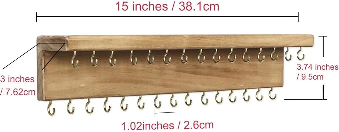 SANY DAYO HOME Jewelry Organizer with 30 Hooks and Cosmetics Shelf, 15 x 3 x 4 inches Wall Mounted Rustic Pine Wood Holder for Necklaces and Bracelets, Suitable for Kids and Adults (Brown)