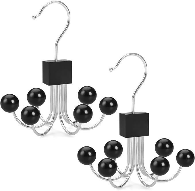 TOPIA HANGER Sweatshirt Hangers 2-Pack with 6 Wooden Balls, Purse Hanger, Scarf Hanger, Wooden Closet Hooks, Handbag Organizer, Bra Hanger, Accessory Organizers for Scarf, Tanktop, Hat, Hoodie CT82B