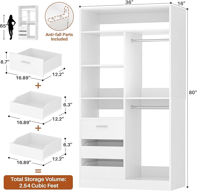36 Inches Modular Closet Drawers System, 3FT Wood Closet Organiser with Closed & Half-Open Drawers, Walk-in Freestanding Wardrobe Storage Cabinet with 6 Shelves, White (36"L x 15" W x 80" H)