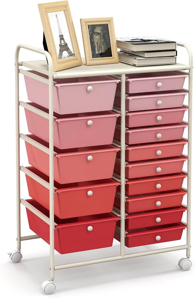 HAPPYGRILL 15-Drawer Rolling Cart, Storage Carts with Removable Drawers & Steel Frame, Utility Cart on Lockable Wheels for Home, School, Office, Pink