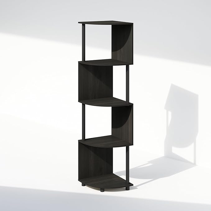 Furinno Basic Book Shelf, 4-Tier Bookshelf, Bookcase with Zigzag Corner Shelf, 14.2 x 14.2 x 57.7, for Living Room, Bedroom, Home Office, Espresso/Black