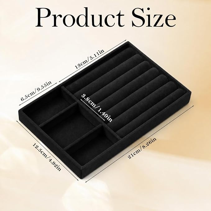 Jewelry Box Insert Organizer for Drawer, Stackable Trays Velvet Jewelry Drawer Inserts, Ring Earring Stud Necklace Holder Display Storage Case(Black, 8.3 x 4.9in)