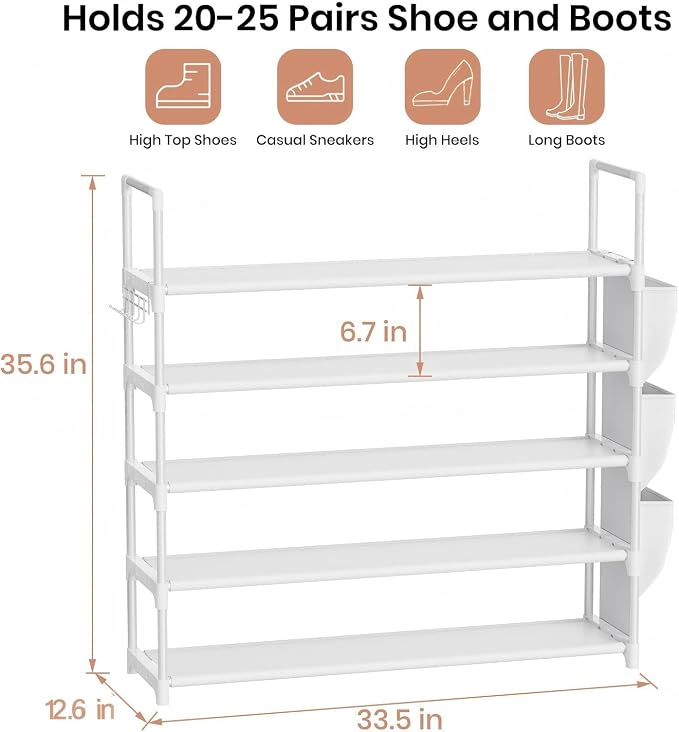 VILICK Shoe Rack for Closet Shoe Organizer Space Saver Storage for 20-25 Pair Shoe Shelf with Hook and Side Pocket Free Standing 5 Tier Shoe Rack Organizer for Entryway,Small Spaces, White