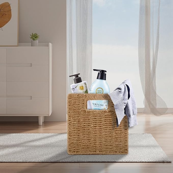 6 Pack 8.7 Inch Wicker Baskets, Hand Woven Paper Rope Storage Baskets, Foldable Cube Storage Bins Organizer Square Wicker Cubes for Shelves Pantry Organizing & Decor