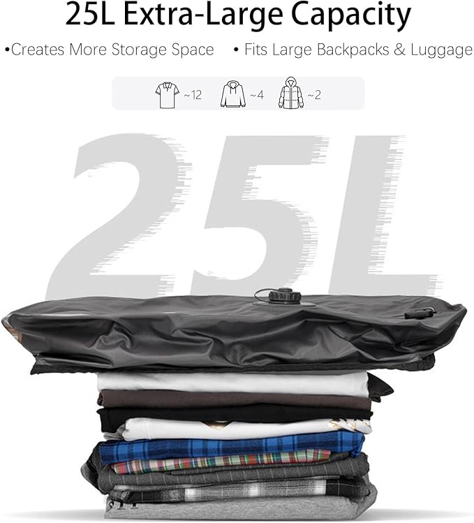 Travel Vacuum Compression Bags, 25L Vacuum Bags for Travel Luggage with Built-in Pump for Carry-on Suitcases & Backpacks, Ip68 Waterproof Zipper, Durable Vacuum Seal Bags For Clothing Packing