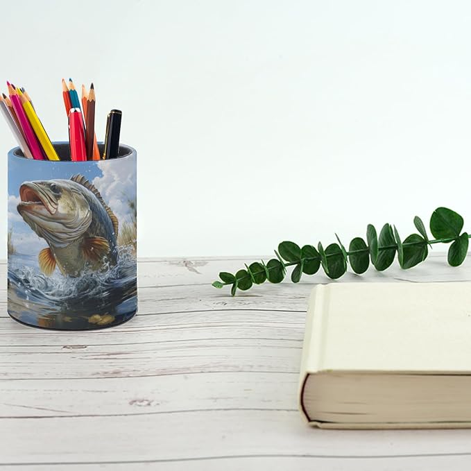 Bass Fish Pen Holder Pencil Cup for Desk Organizer | Cute Makeup Brush Holder PU Multifunctional Office Suppliesfor Decor Home Classroom School