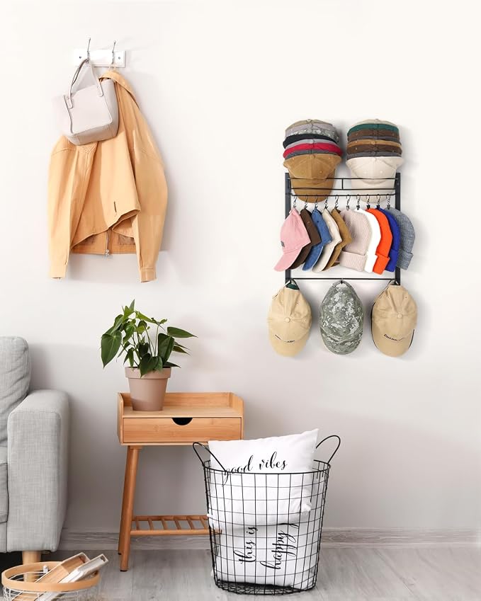 Hat Rack, Metal 3-Tier Wall Organizer Holds Up to 45 Caps with 10 Clips | 3-tier wall rack stores 45 baseball caps. 10 removable clips organize hats, scarves, sunglasses and small accessories