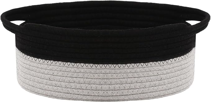 JMvicyroam Woven Basket,Small Rope Storage Bin with Handles & Ribbon Bag, Organizer for Shelves Closets,Gift Basket Empty for Birthday,Books,Dog Toys, Black&Grey