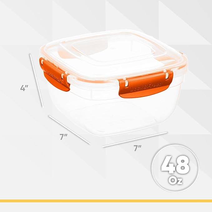 Superio Plastic Food Storage Container with Airtight Lid- 48 Oz, BPA Free, Leakproof, Stackable, Microwave, Dishwasher and Freezer Safe, Orange