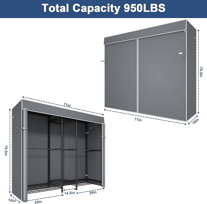 Ulif E12C Pro Heavy Duty Closet Organizer System，Freestanding Clothing Racks for Hanging Clothes，Adjustable Garment Rack 71"W x 16"D x 76.5"H Hold 960lbs，Black Clothing Rack with Grey Dustproof Cover