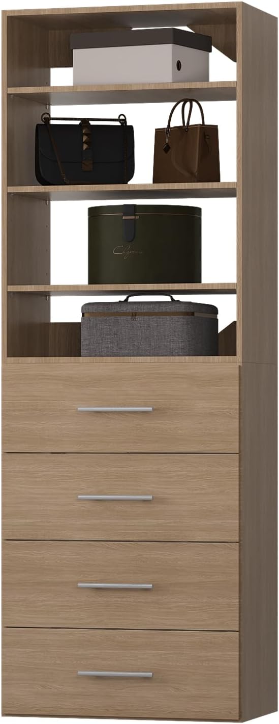 ROOMTEC Modular Closet System, 25.5" 4 Drawer Shelf Closet Tower Wall-Mounted Closet Organizer, Wooden Tower for Walk-In Closets, Wardrobe Storage Kit, Wood