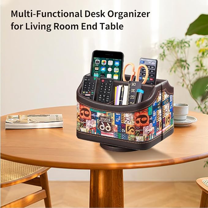 PUSU Remote Control Holder,Colorful Pattern Nightstand TV Caddy,Pen Holder | PU Leather 360 Degrees Rotatable Desktop Organizer Storage Box for TV Remotes/Media Controllers/Office Supplies/Mail