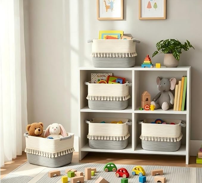 TeoKJ Storage Basket 3 Pack for Organizing, Cotton Rope Baskets for Toy, Clothes, Blankets, Decorative Basket for Living Room, Nursery, Bathroom, White & Gray