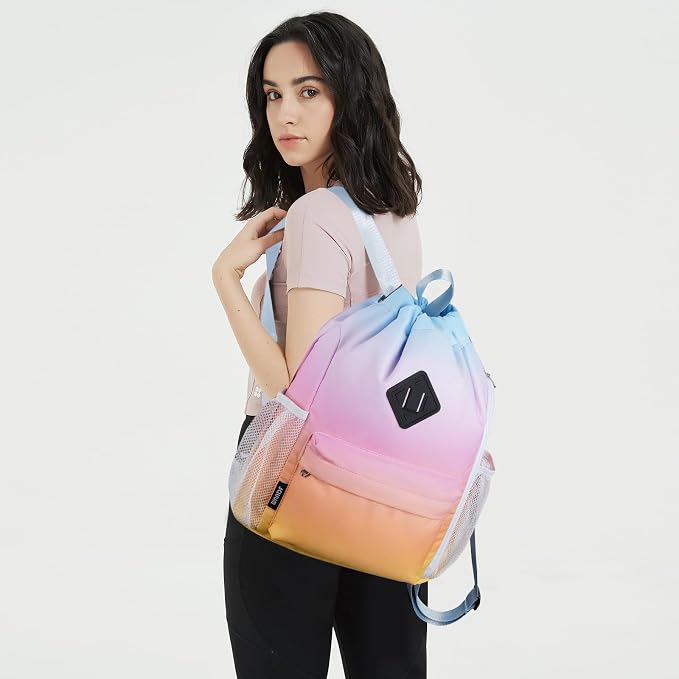 WANDF Drawstring Backpack with Shoe Compartment, Sports Gym Bag | Multi-Pocket Storage, Water-Resistant Fabric, Cinch String Bag