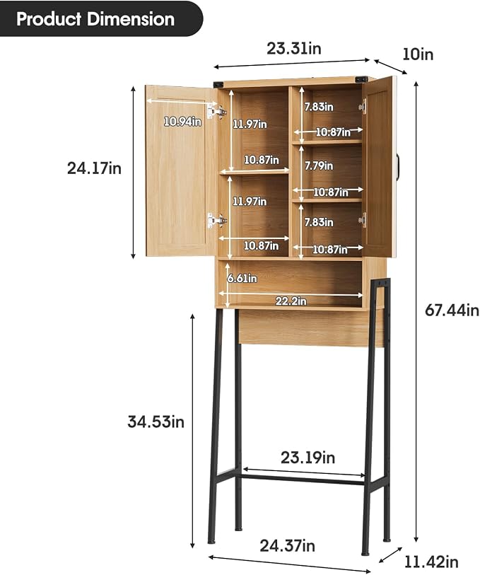 Vabches Over The Toilet Storage Cabinet with 2-Door Design Bathroom Organizers and Storage with Anti-Tip Device Over Toilet Organizer with Shelves for Bathroom,Restroom,Laundry Natural