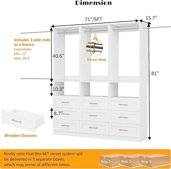 Closet System with 9 Drawers, 6FT-15FT Closet Organizer System Wooden Walk-in Closet Shelf Corner Small Closets Storage System with 6 Hanging Rods Freestanding Modular White, 3 Sets