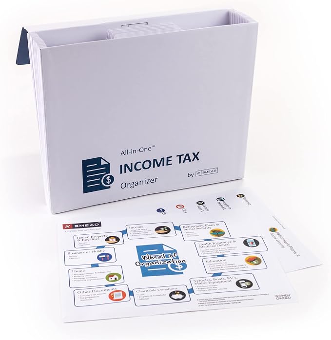 Smead All-in-One Income Tax Organizer, 12 Pockets, Flap and Cord Closure, Letter Size, Navy/White (70660)