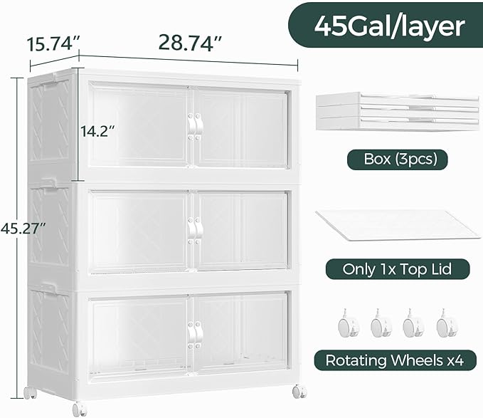 135Gal Stackable Storage Bins with Lid, 540Qt Extra Large Collapsible Storage Box with Doors and Wheels, Plastic Closet Organizer and Storage Cabinet Drawer for Home Kitchen, 3Pack White