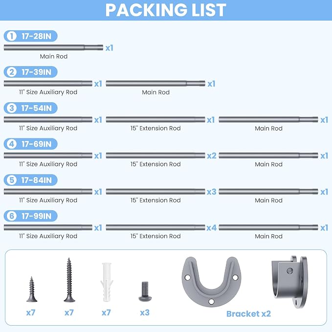 4 Pack Closet Rods for Hanging Clothes, 17 to 28 Inches No-Cut Stepless Adjustable Closet Rod, 1.3 Inches Expandable Metal Heavy Duty Closet Hanging Rod for Closet Wardrobe Bathroom, Silver