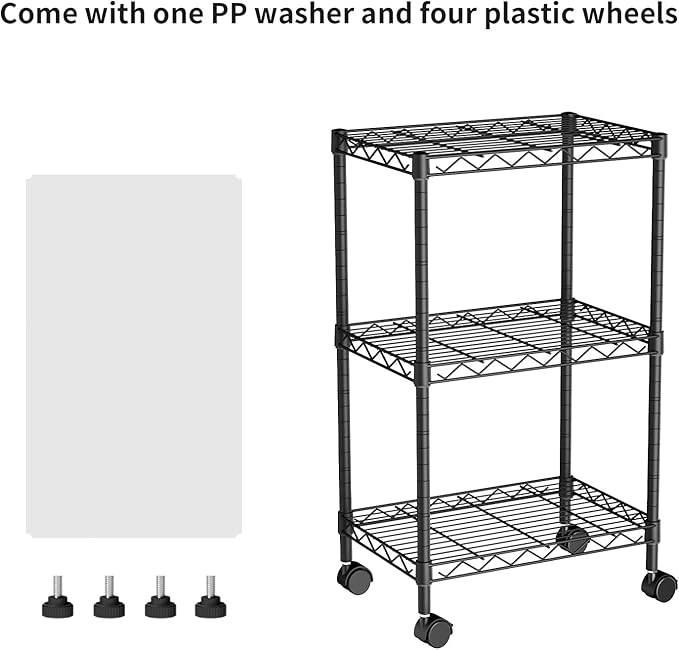 Golpart Small Shelves Storage Wire Metal Adjustable Shelf Unit with Wheels | 3 tier Shelving Organizers Storage Shelving for Bathroom Laundry Room Kitchen Pantry 11.7”D x 17.7”W x 30.7”H Black