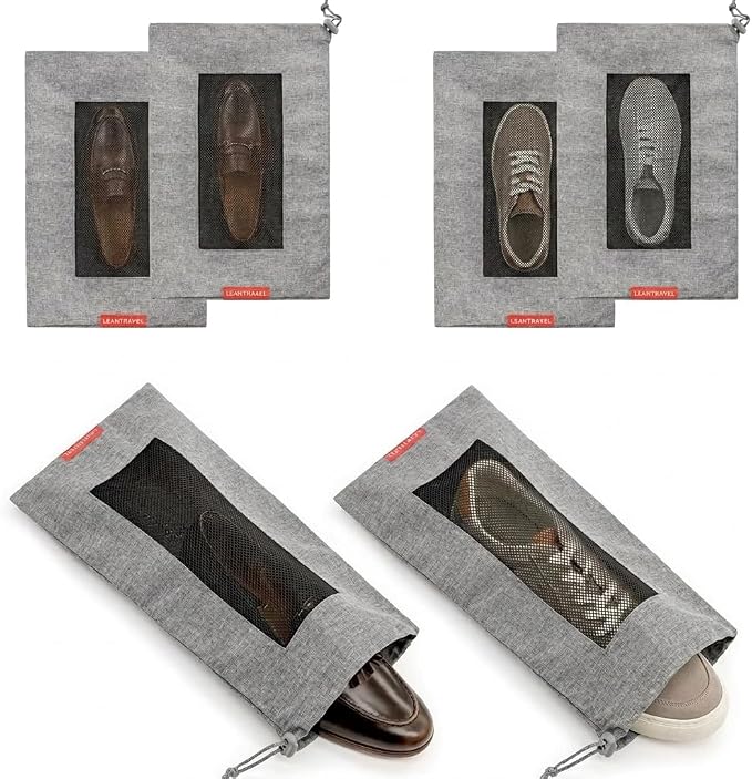 LeanTravel Shoe Bags for Travel with Breathable Mesh & Drawstring Cord Lock, Set of 6, Color Grey