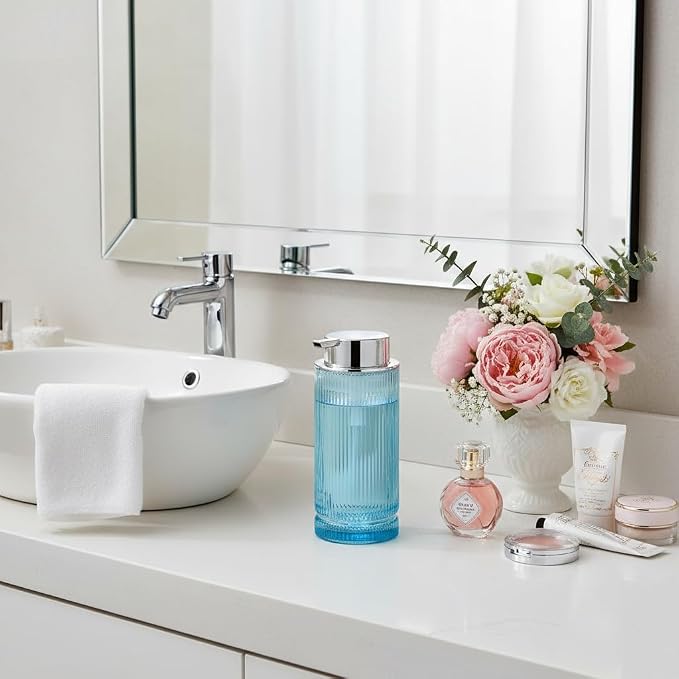 Foaming Soap Dispenser, Glass Foam Hand Soap Dispenser with Pump, 14 Oz Bathroom Refillable Liquid Lotion Pump Ribbed Bottle Container for Kitchen Countertop Decor (1, Blue Silver)