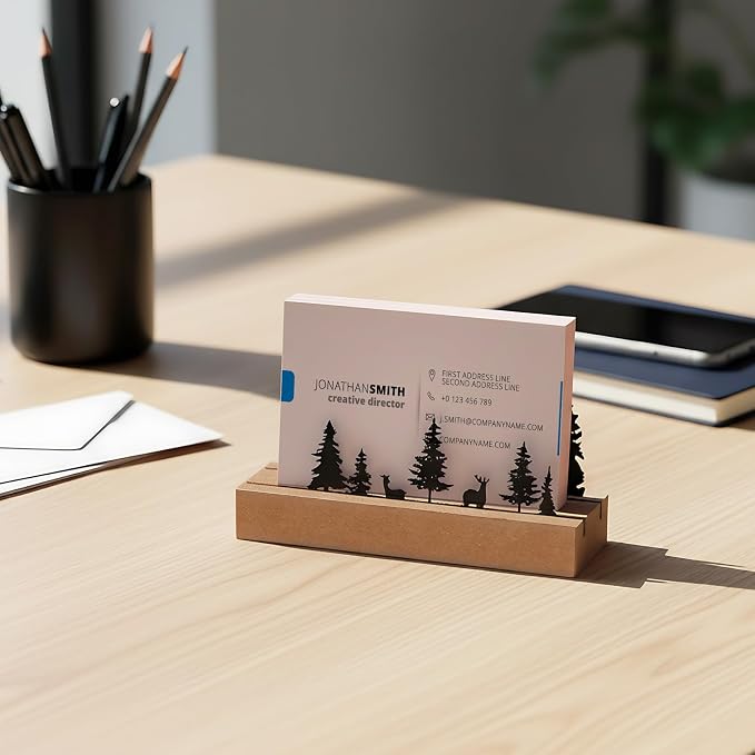 CroBlissful 2 Pcs Deer Forest Business Card Holders for Desk, Wood&Metal Black Mountain Range Forest Reindeer Silhouette Business Card Display Stand for Home Office