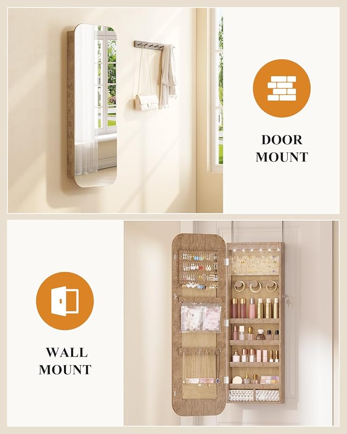 LVSOMT 6 LEDs Mirror Jewelry Cabinet Door Hanging, 42.5", Lockable, Brown | Jewelry Organizer with Full Length Mirror, Wall Mounted Large Jewelry Storage for Earrings, Rings, Necklaces