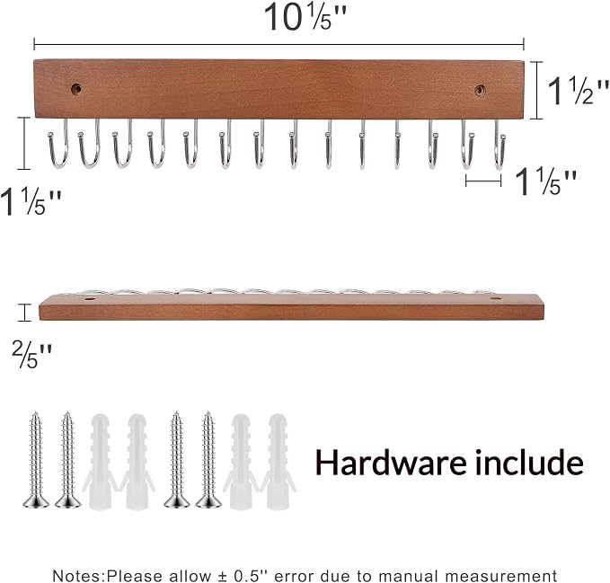 SCUNDA Hanging Jewerly Organizer for Wall, Wall Mounted Necklace Holder, Wood Wall Mount Jewerly Organizer for Earrings Bar, Hanging Rings, Necklaces and Bracelet, Nice Gift for Woman (2pack,Brown)