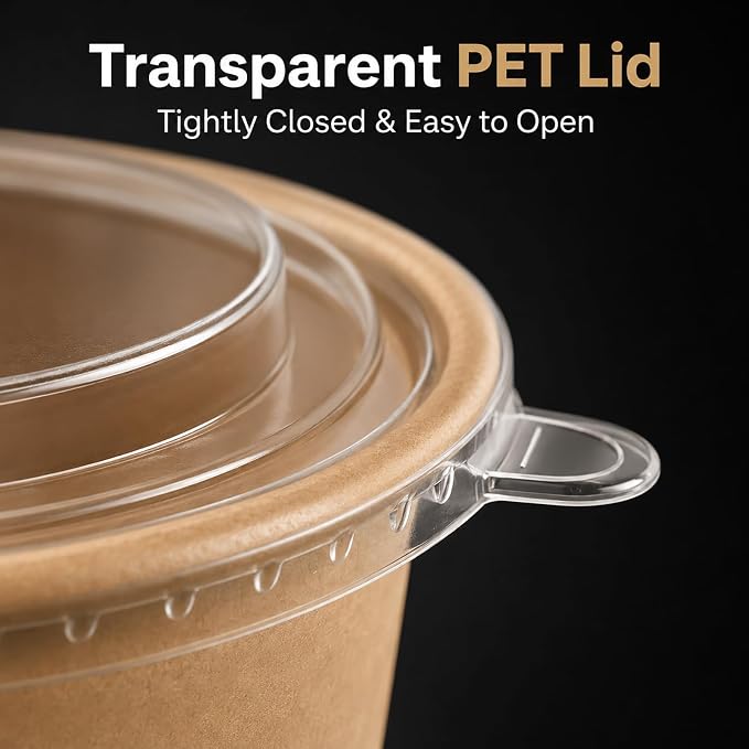 50pks 17oz Disposable Meal Prep Containers, Disposable Bowls with Lids | Disposable kraft paper bowls with lids, Waterproof, Safe for hot & cold food, Perfect for catering, parties, lunch takeout